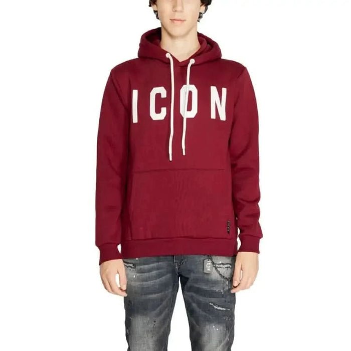 Burgundy Icon Men Sweatshirts featuring white ICON print, round neck, and single pocket