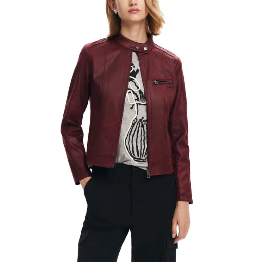 Desigual Burgundy Leather Jacket with Mandarin Collar and Zippered Front for Women