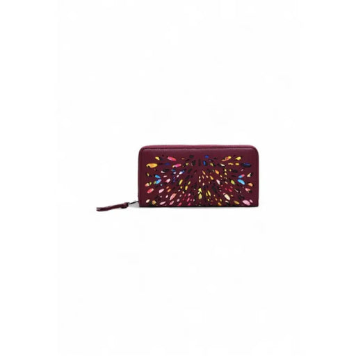 Burgundy leather wallet with vibrant floral embroidery by Desigual for women