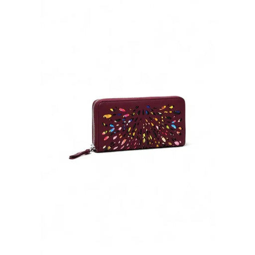 Burgundy leather wallet featuring colorful floral embroidery by Desigual for women