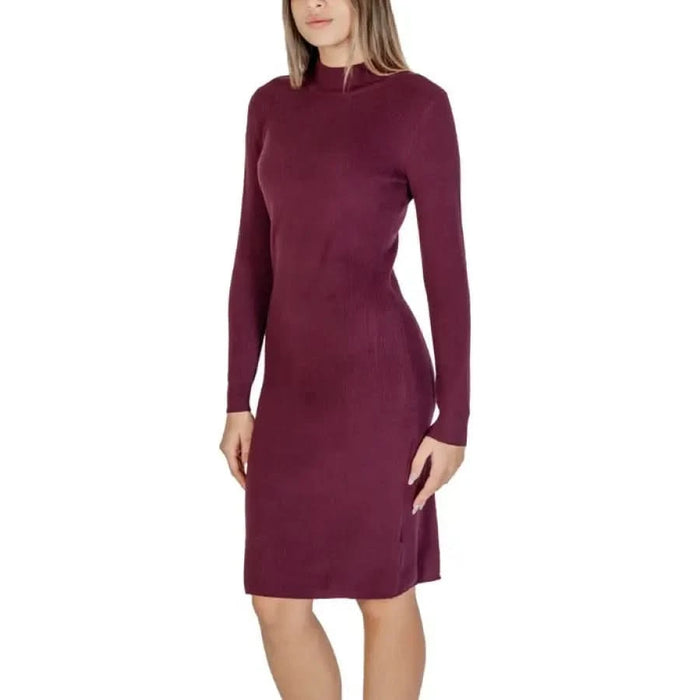 Burgundy long-sleeved bodycon dress with a mock neckline by Clerè - CLERÈ Women Dress