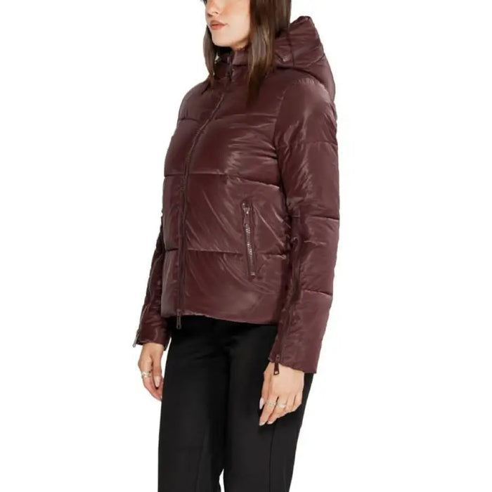 Burgundy puffer jacket with hood and zippered pockets from Cleré Women’s Jacket collection