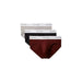 Calvin Klein men’s briefs in gray, black, and burgundy with elastic waistbands