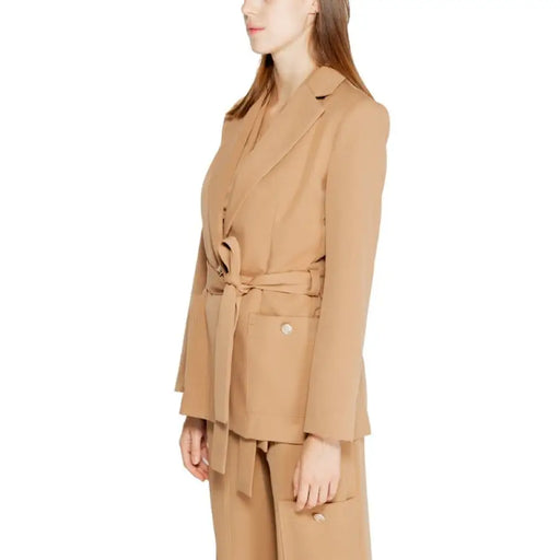 Camel-colored belted blazer with wide lapels and matching pants from Rinascimento Women Blazer