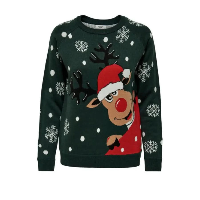 Jacqueline De Yong Christmas sweater with reindeer, Santa hat, and red nose for women