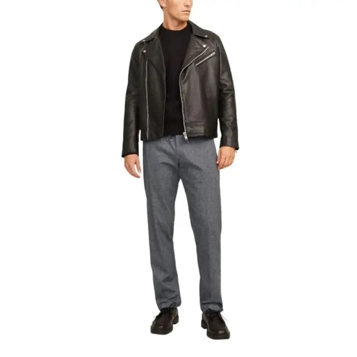 Classic black leather motorcycle jacket with silver zippers and lapels by Jack & Jones