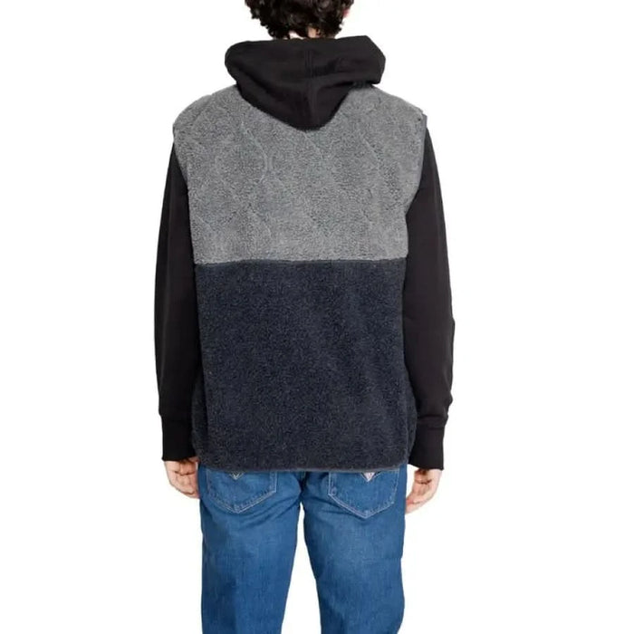 Color-blocked fleece hoodie featuring gray upper and navy lower by Tommy Hilfiger