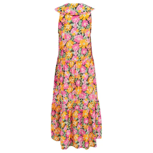 Colorful floral print maxi dress with ruffled neckline and tiered skirt by Vila Clothes