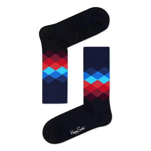 Colorful patterned sock with diamond design in black, red, blue, light blue - Happy Socks Men