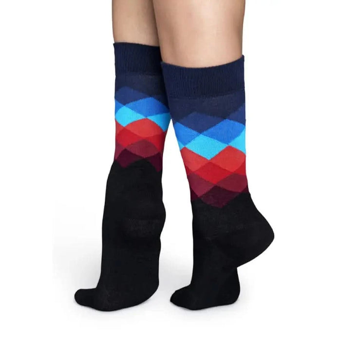 Colorful patterned Happy Socks with diamond shapes in navy, blue, red, and black