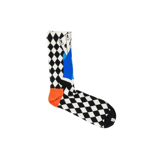 Colorful sock featuring black and white checkered pattern with blue and orange accents