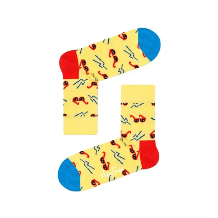 Colorful Happy Socks featuring musical notes on a vibrant yellow background