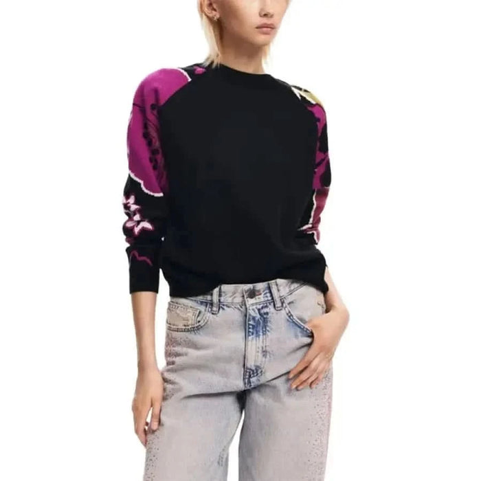 Colorful Desigual Women Knitwear featuring a black body and vibrant purple patterned sleeves