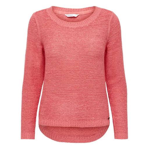 Coral-colored knit sweater with round neckline and long sleeves by Only Women Knitwear