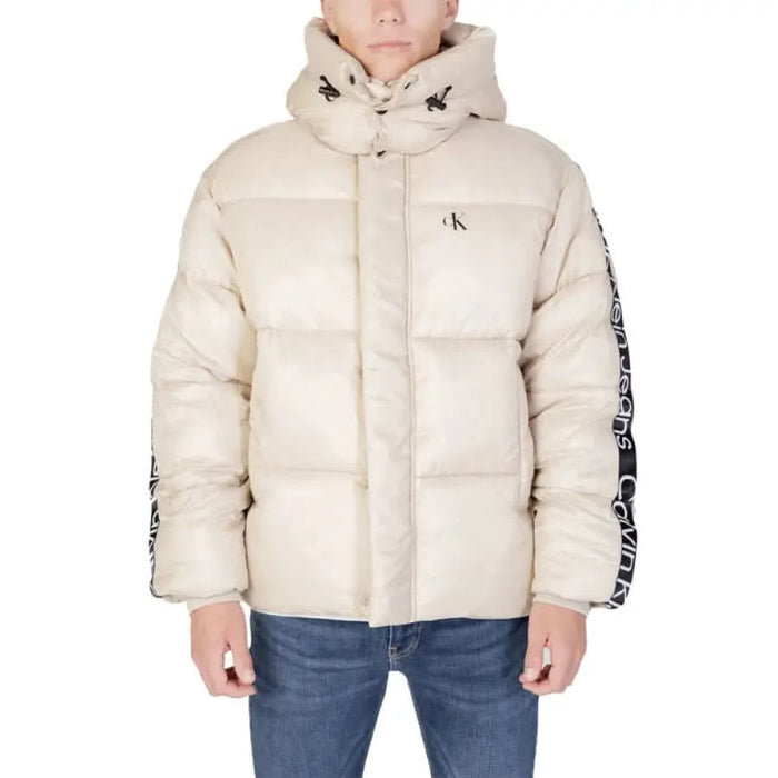 Cream-colored puffer jacket with hood and Calvin Klein branding for men