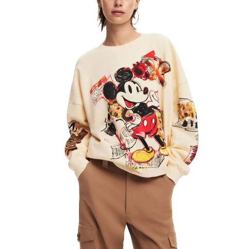 Cream-colored Desigual sweatshirt with colorful Mickey Mouse graphic print for women