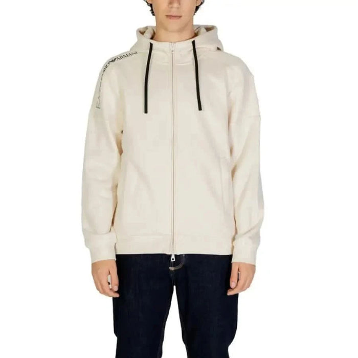 Cream-colored Ea7 men sweatshirt with black drawstrings and text on shoulder