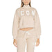 Cropped beige turtleneck sweater with ICON text across the chest for women