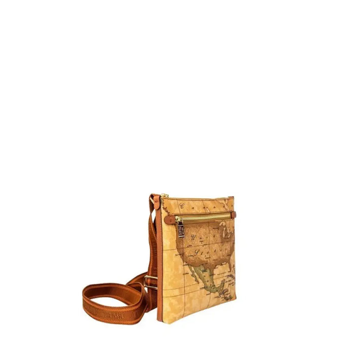 Crossbody bag with vintage world map print and brown leather strap by Alviero Martini