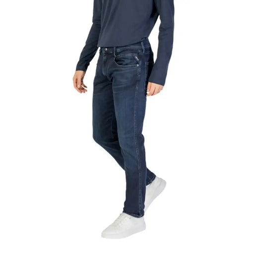 Dark blue straight-leg denim jeans from Replay featuring zip and button closure