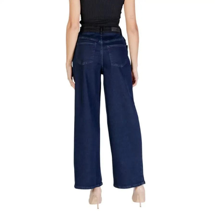 Dark blue wide-leg denim jeans with back pockets from Ichi Women Trousers collection