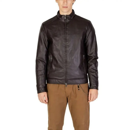 Dark brown leather zip-up jacket with stand collar from Hamaki-ho for men