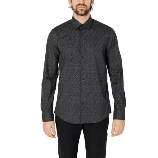 Dark gray patterned button-up shirt with long sleeves from Calvin Klein Men Shirt collection