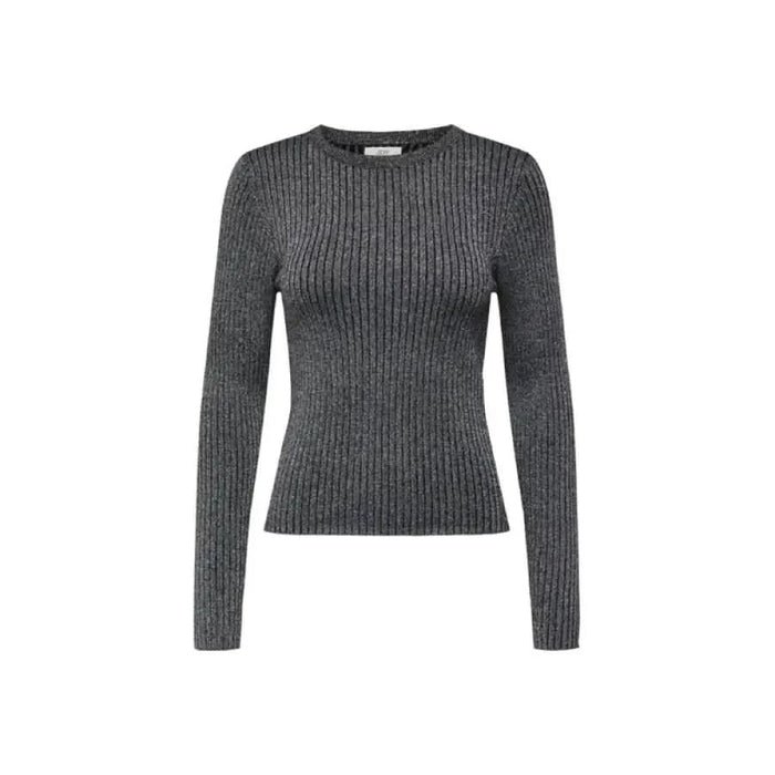 Dark gray ribbed knit sweater by Jacqueline De Yong showcasing long sleeves and crew neck