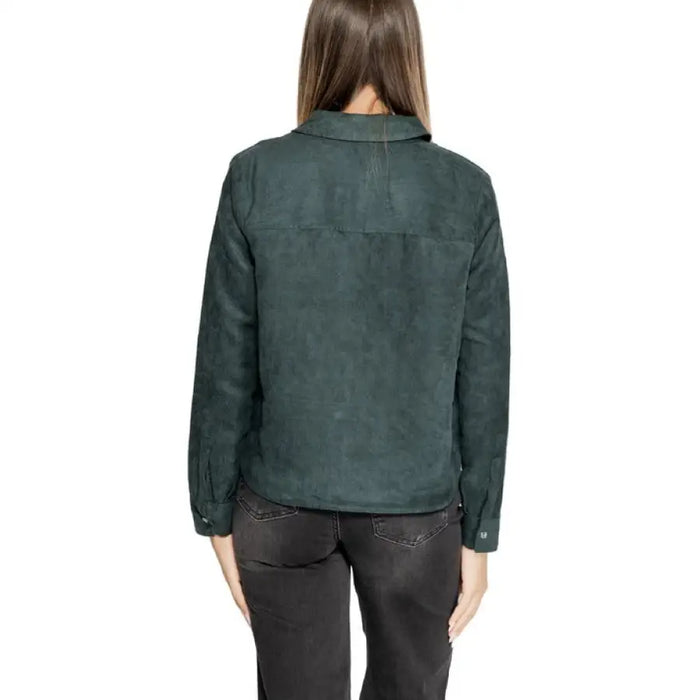 Dark green button-up jacket on a woman with long brown hair, Street One Women Shirt