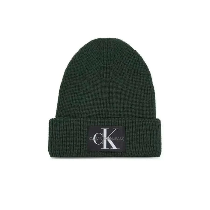 Dark green knit beanie with Calvin Klein Jeans logo patch for women by Calvin Klein Jeans