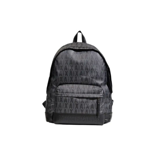 Dark grey Armani Exchange backpack with monogram pattern and front zipper pocket