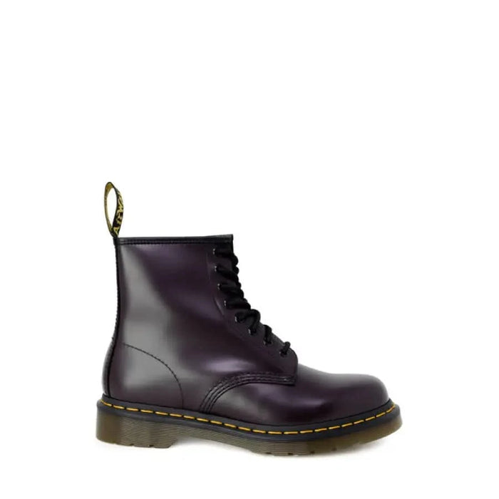 Dr. Martens Women’s Dark Purple Leather Combat Boot with Black Laces and Yellow Stitching