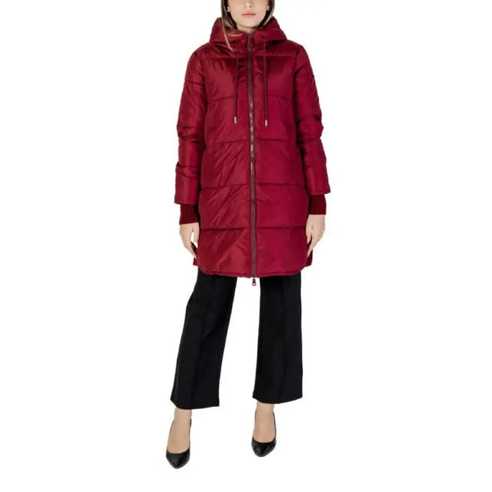 Deep red quilted winter parka with hood from Cleré Women Jacket collection