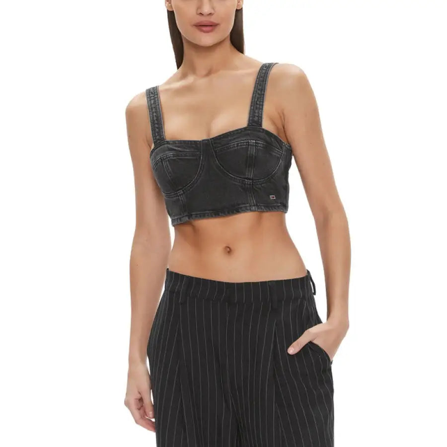 
                      
                        Denim crop top with wide straps and structured cups from Tommy Hilfiger Jeans
                      
                    