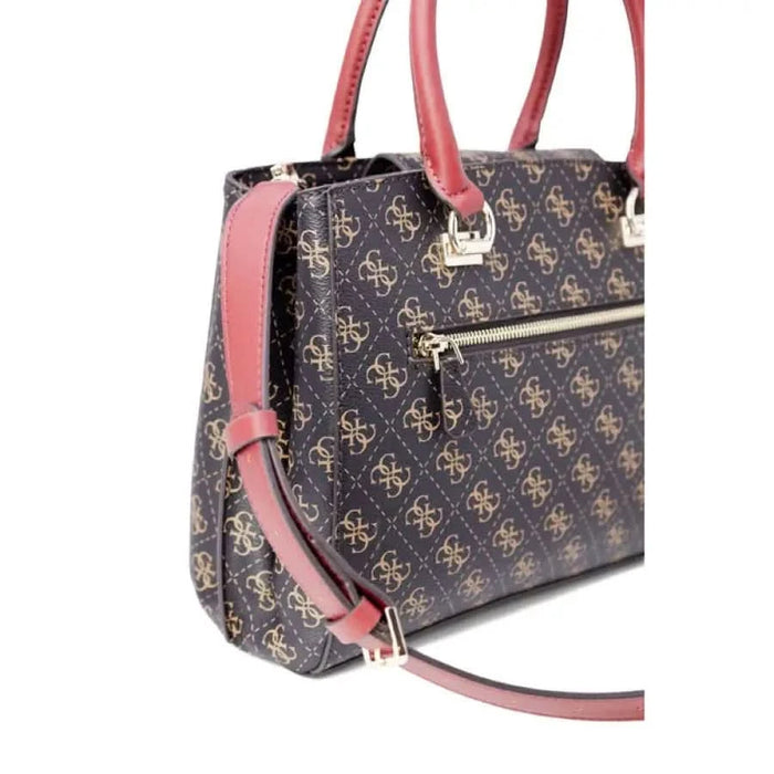 Designer handbag with brown patterned exterior and pink handles from Guess Women Bag