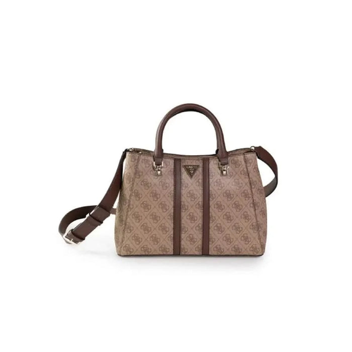 Designer handbag with monogram pattern and brown leather trim from Guess Women Bag