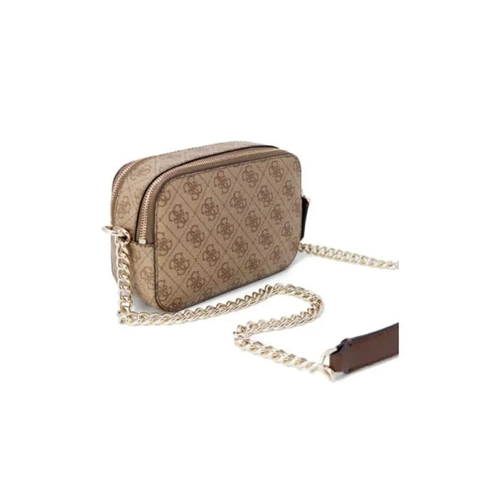 Designer handbag by Guess featuring a patterned exterior and gold chain strap