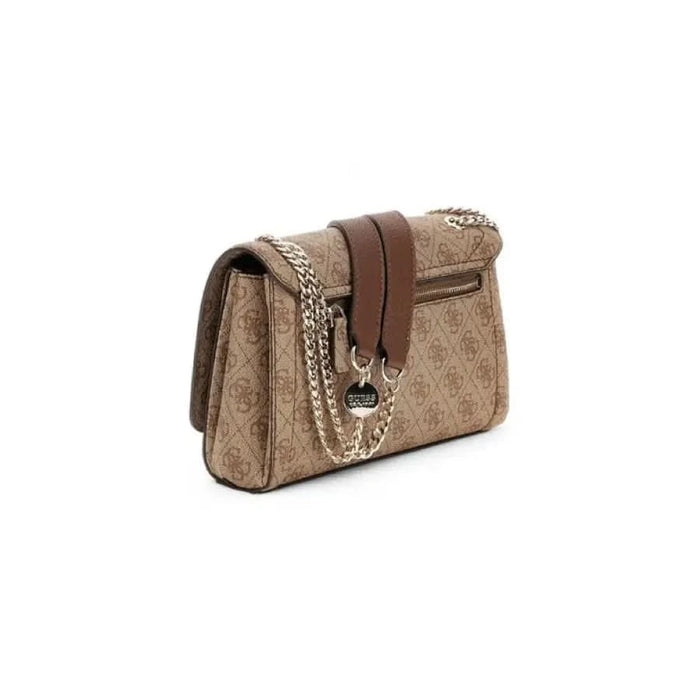 Designer handbag by Guess featuring patterned fabric, leather trim, and chain strap