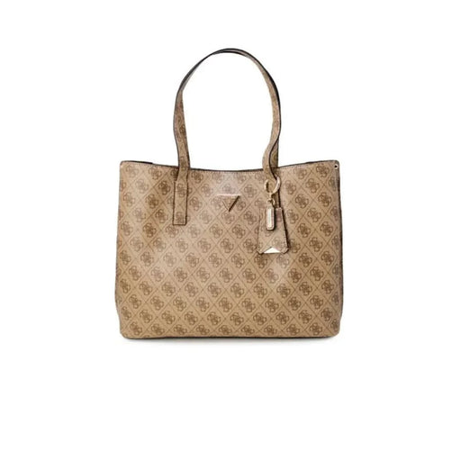 Designer tote bag in beige and brown with repeating logo pattern by Guess