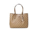 Designer tote bag in beige and brown with repeating logo pattern by Guess