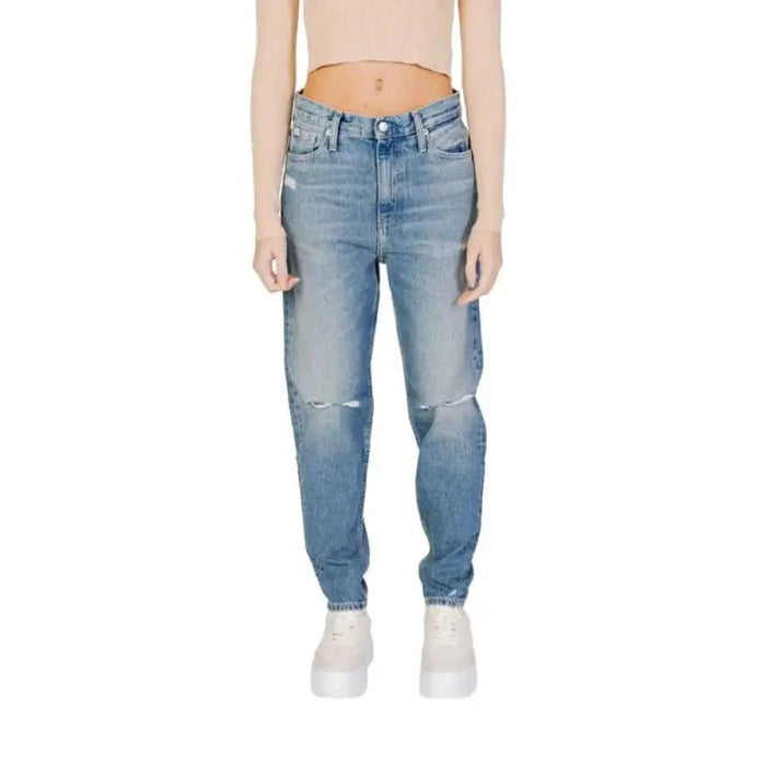 Calvin Klein distressed light blue high-waisted ripped jeans for women