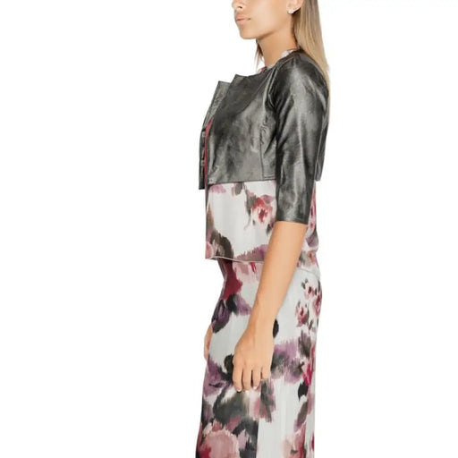 Floral dress with metallic grey cropped jacket overlay from Rinascimento Women Blazer