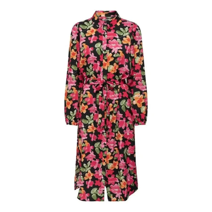 Floral print long-sleeved belted waist shirt dress - Jacqueline De Yong Women Dress