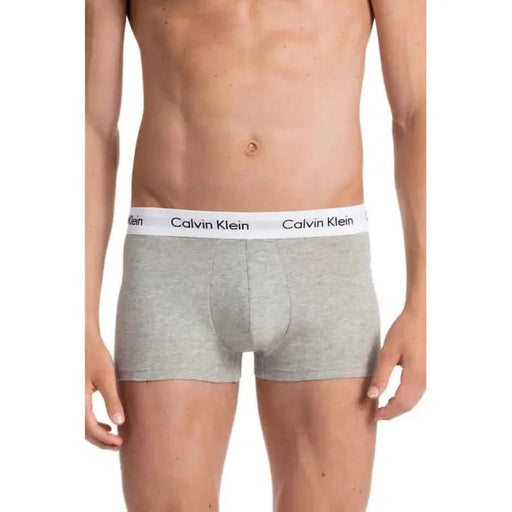 Gray Calvin Klein boxer briefs displayed on a male torso, showcasing stylish Calvin Klein underwear