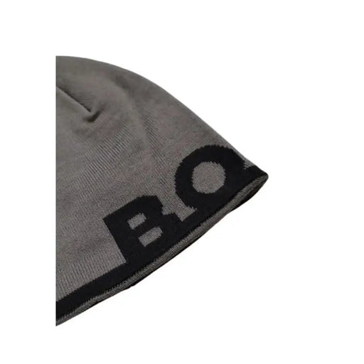 Gray knit beanie featuring black BO text detail from Boss Men Cap collection