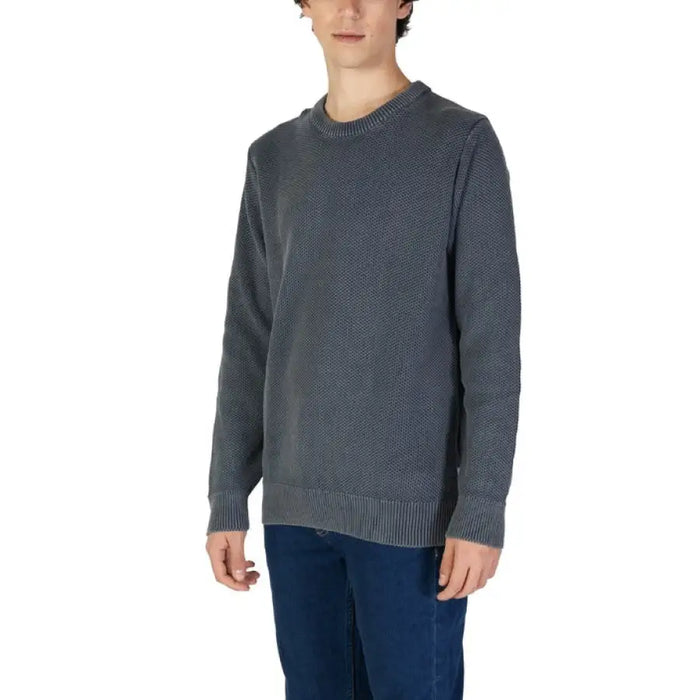 Gray knit crewneck sweater with ribbed trim featured in Blue Round Neck Cotton Sweater