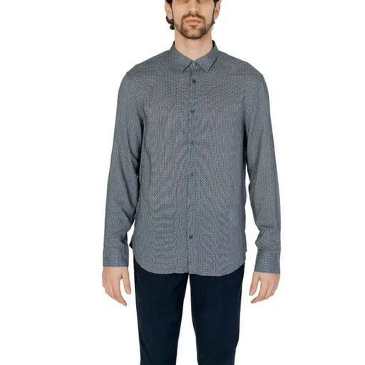 Armani Exchange Men Shirt Grey Long-Sleeved Button-Up with Subtle Pattern