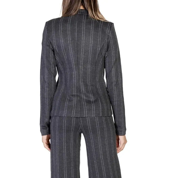 Gray pinstriped Ichi Women Blazer with fitted silhouette seen from the back