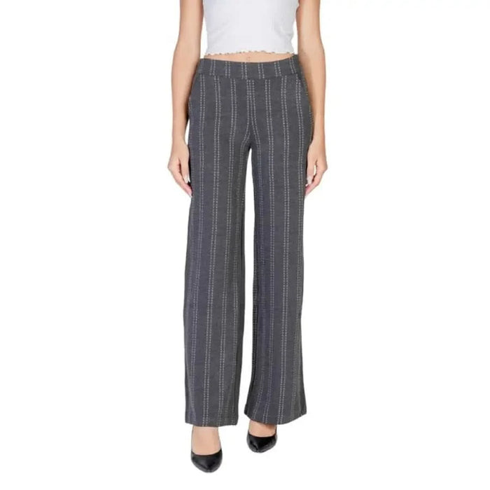 Gray pinstriped wide-leg dress pants from Ichi Women Trousers collection