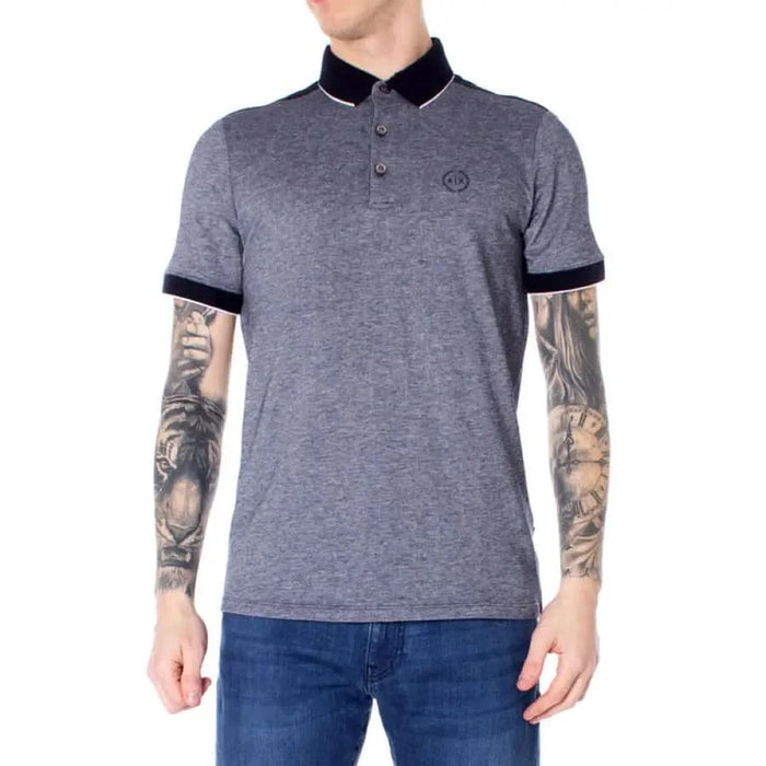 Gray Armani Exchange polo shirt with navy collar, worn by a tattooed person